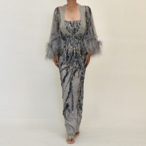 SLV LESS EMBELLISHED GREY DRESS WITH FEATHER CAPE